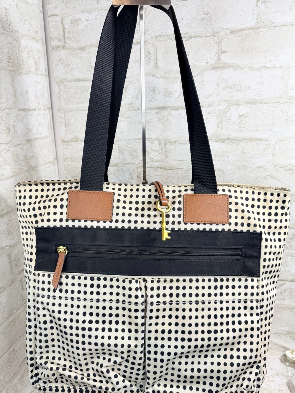 Fossil Black & White Polka Dot Canvas Tote Bag Black Trim & Tan Accents EUC